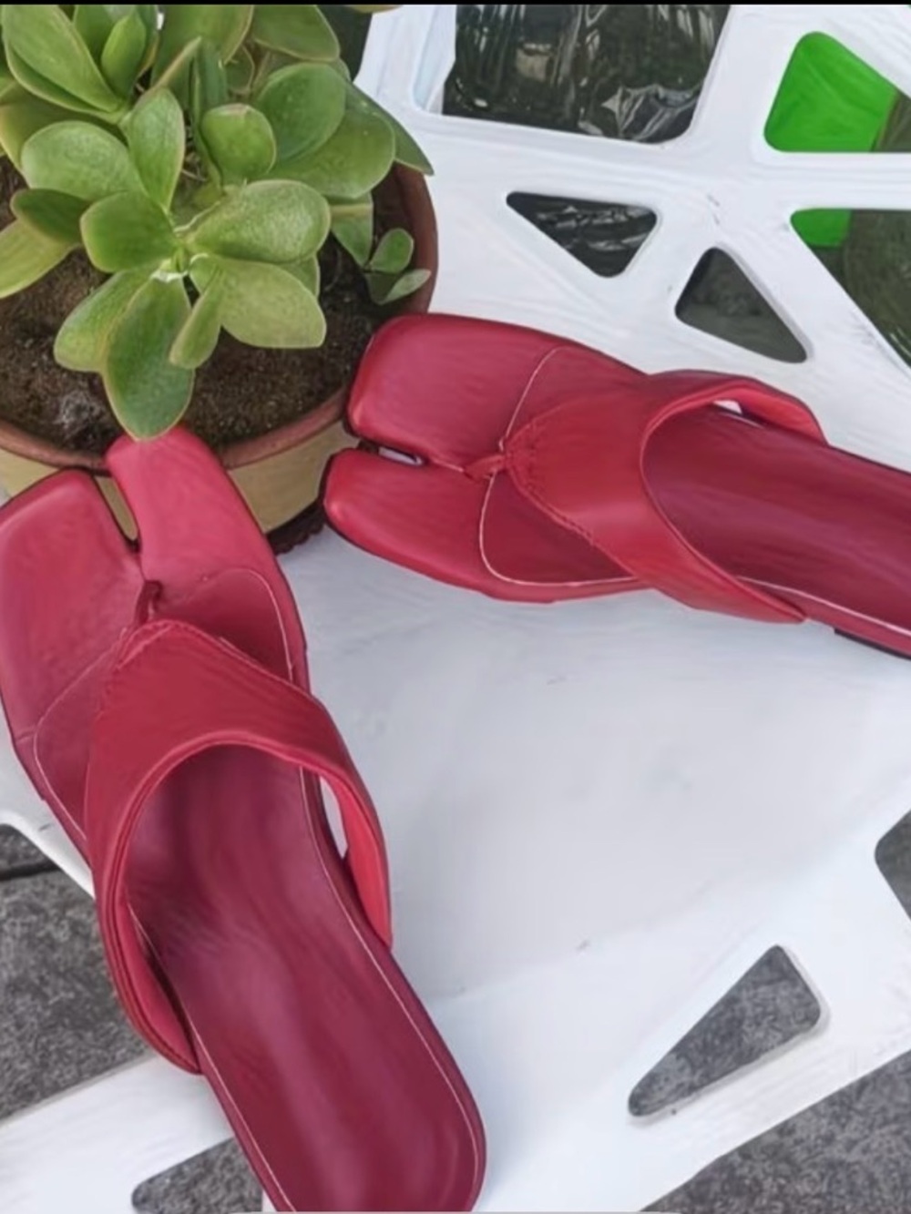 Women's Red Tabby Split-Toe Slide Mules